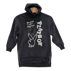 Y2K Playboy Black Hoodie Graphic Bunny Logo Zip Hem Streetwear Oversized M